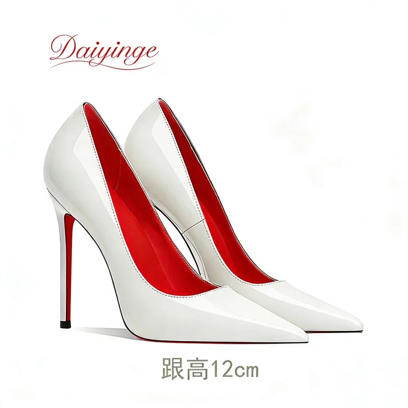 Sapatos femininos da tendência 2026: luxuosos, com sola vermelha, salto alto, bico fino, scarpin agulha de 12 cm, confortáveis para festas e casamentos.