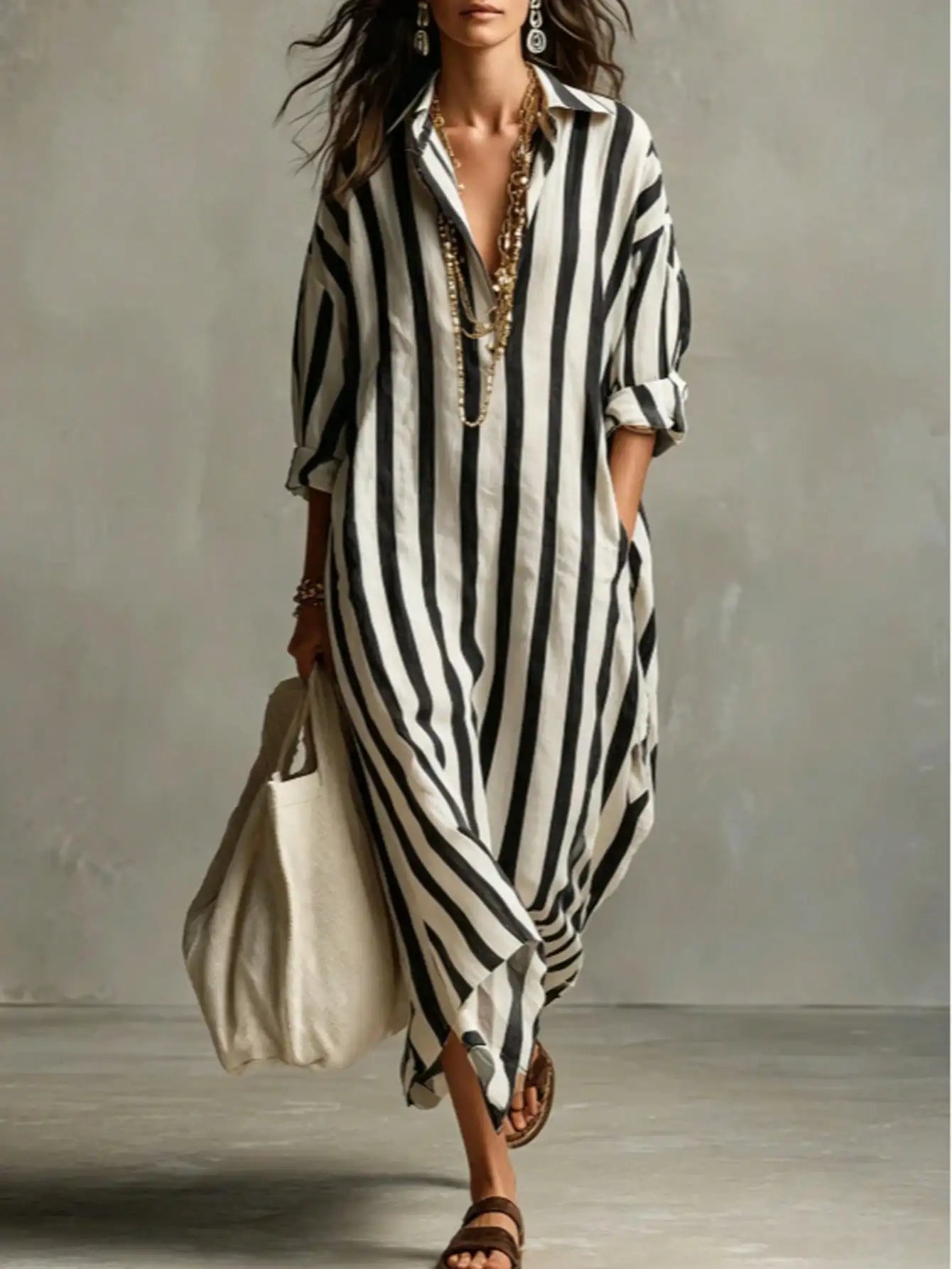 Vestido Chemise Longo Estampado Listrado com Decote V Solto, Tendência Oversize, Moda Primavera/Verão 2026, Novo Modelo para Comércio Europeu e Americano