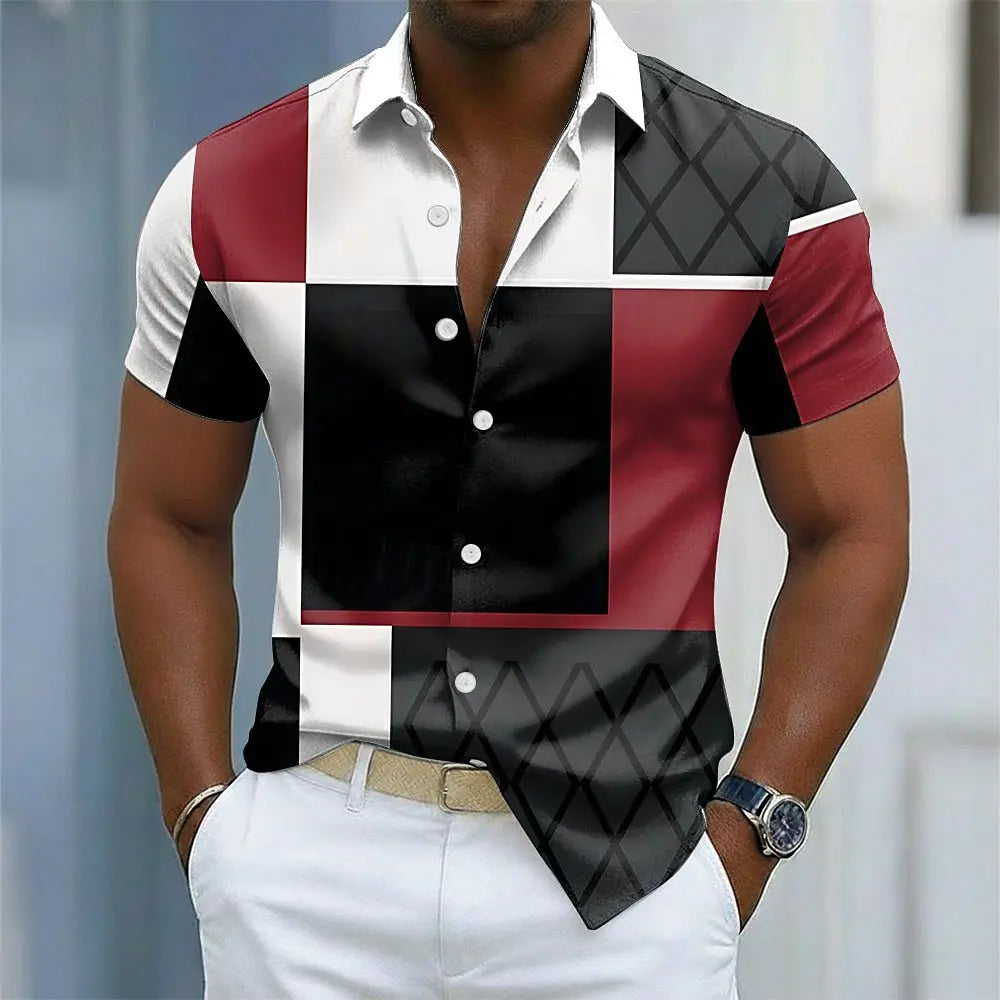Camisa Masculina Color Block com Botões, Manga Curta, Casual, Estilo Streetwear, Estampa 3D, Gola Dobrável, Azul, Vinho, Marrom, Verde