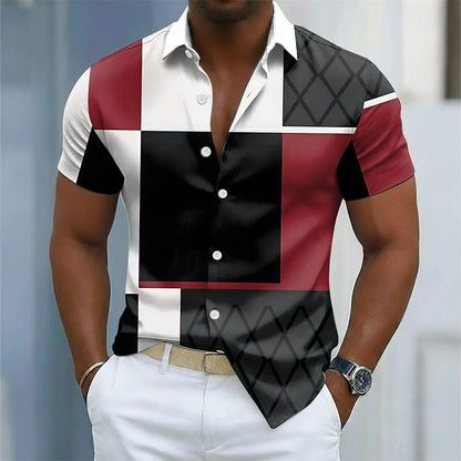 Camisa Masculina Color Block com Botões, Manga Curta, Casual, Estilo Streetwear, Estampa 3D, Gola Dobrável, Azul, Vinho, Marrom, Verde