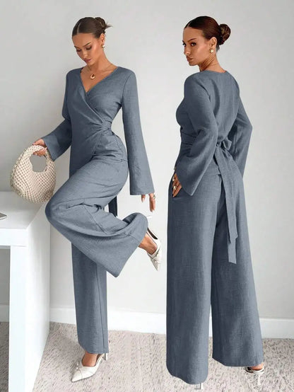 Conjunto de blazer elegante listrado com cinto e calça pantalona de duas peças para mulheres