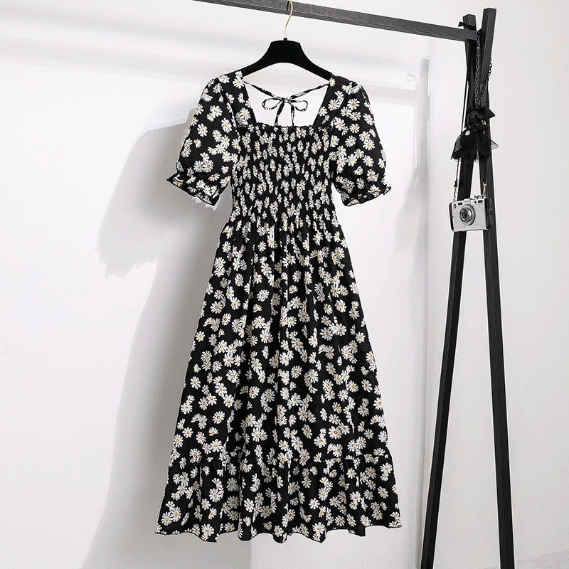 Verão plissado mulheres vestidos de chiffon casual praia férias manga curta gola quadrada mulher midi vestido boêmio mujer vestidos