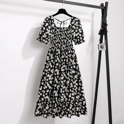 Verão plissado mulheres vestidos de chiffon casual praia férias manga curta gola quadrada mulher midi vestido boêmio mujer vestidos