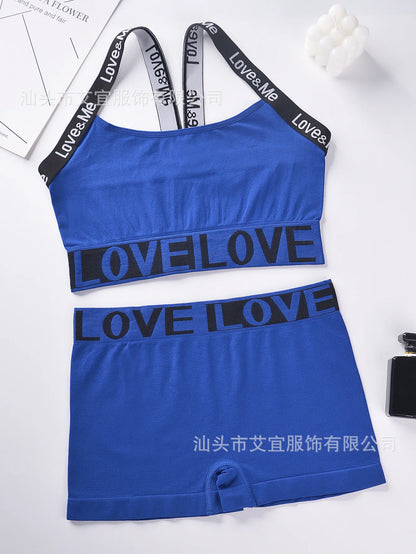Conjunto de ioga esportiva de 2 peças para mulher, com estampa de letras, ideal para o verão, praia, academia, calça e shorts com alças, estilo anos 2000. Roupas femininas baratas.