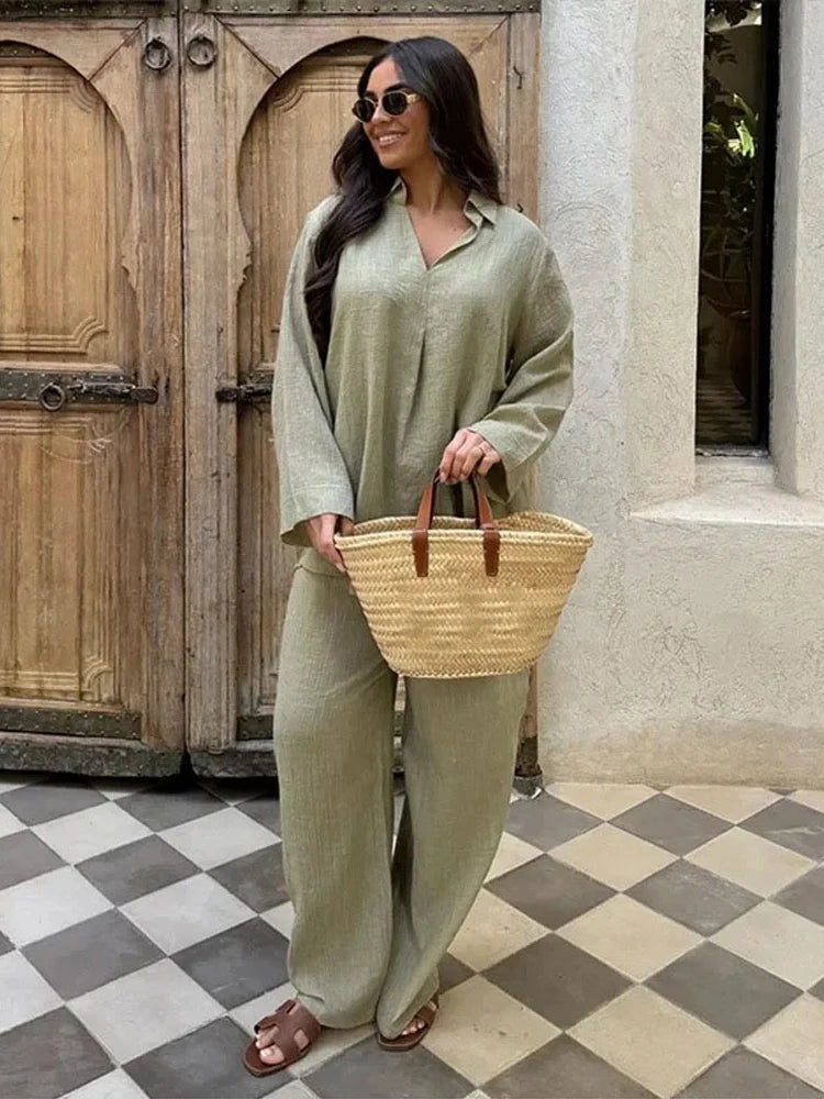 Fashion Solid Long Pants Set Women Chic Lapel Single Breasted Shirt High Waist Wide Leg Trousers 2026 Spring Summer 2 Pcs Outfit