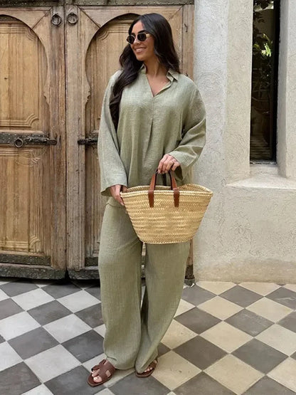Fashion Solid Long Pants Set Women Chic Lapel Single Breasted Shirt High Waist Wide Leg Trousers 2026 Spring Summer 2 Pcs Outfit