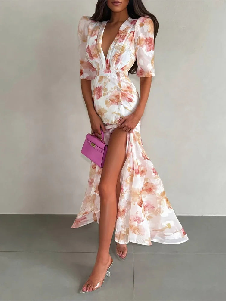 Vestido Longo Plissado com Mangas Borboleta para Mulheres, Decote V Profundo, Estampa Floral, Sexy, com Cintura Ajustável, Vestidos Femininos para Férias e Passeio