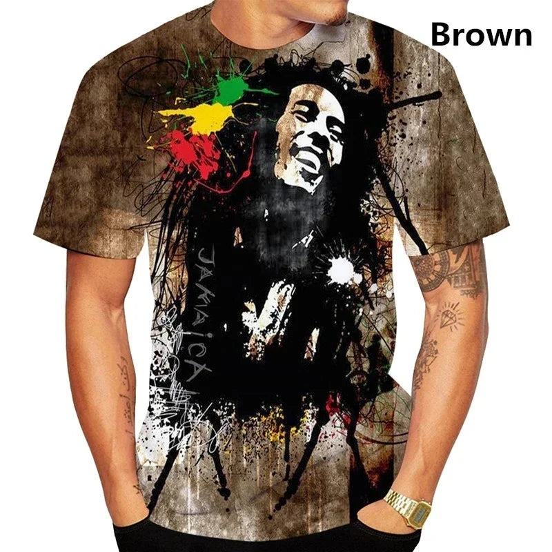 Camiseta de verão com estampa 3D do Bob Marley, estilo reggae e hip hop, para homens. Camiseta casual de manga curta.