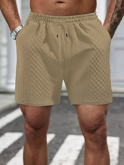 Shorts Casuais Masculinos de Malha Texturizada, Shorts de Verão com Cintura Elástica e Cordão com Bolsos para Uso Diário e Urbano