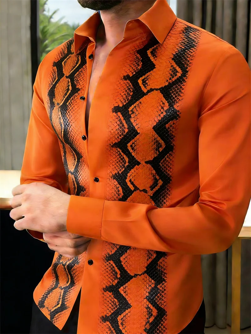 Nova Camisa Masculina Estampada em 3D com Escamas de Cobra, 10 Cores, Casual, de Manga Longa e com Botões