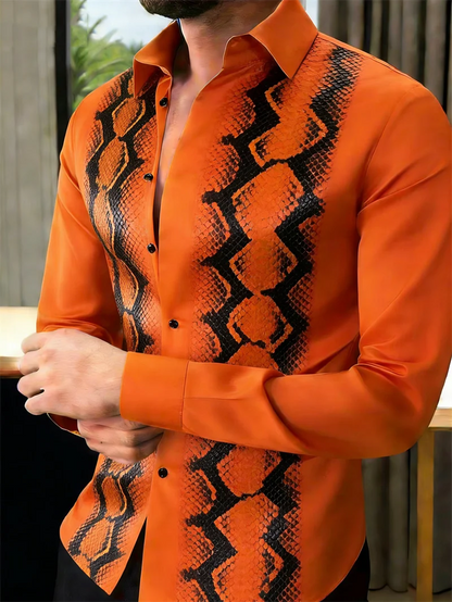 Nova Camisa Masculina Estampada em 3D com Escamas de Cobra, 10 Cores, Casual, de Manga Longa e com Botões