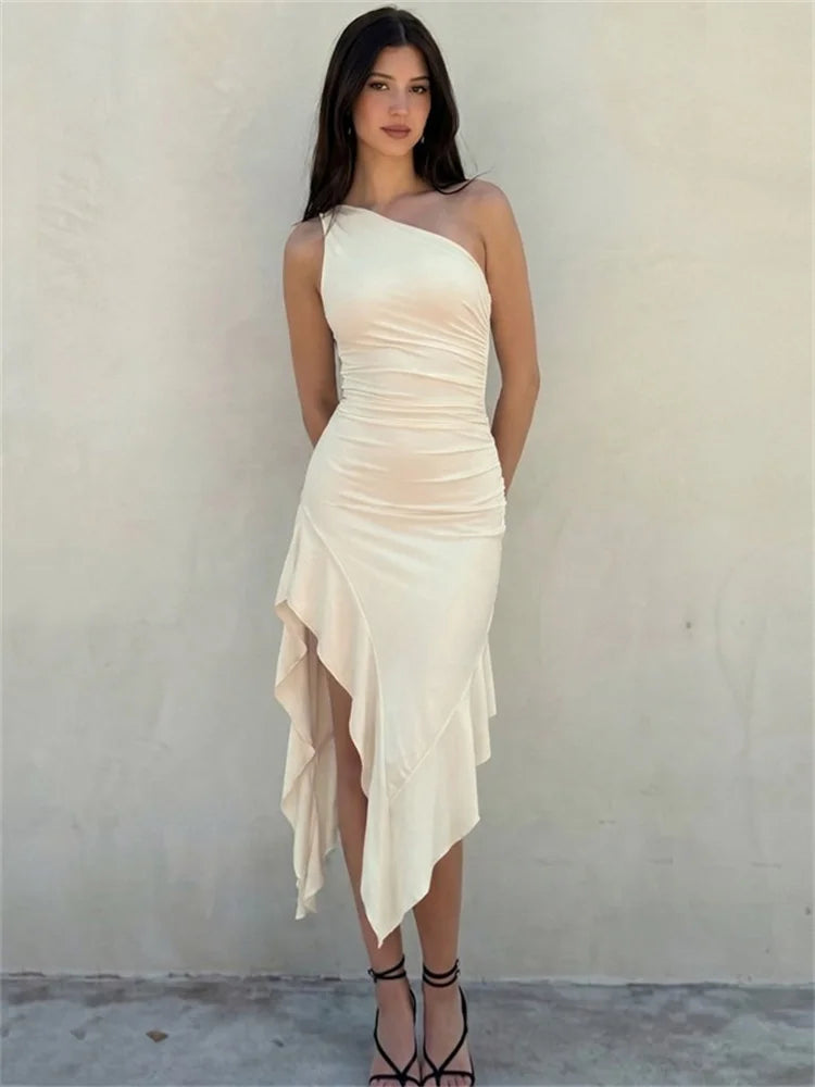 Vestido Midi Elegante Tossy de Um Ombro Só com Drapeado e Babado Assimétrico para Mulheres - Perfeito para Verão, Praia, Férias, Festas e Baladas