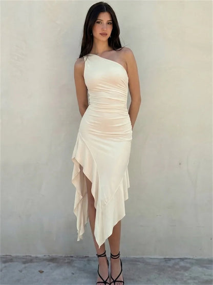 Vestido Midi Elegante Tossy de Um Ombro Só com Drapeado e Babado Assimétrico para Mulheres - Perfeito para Verão, Praia, Férias, Festas e Baladas