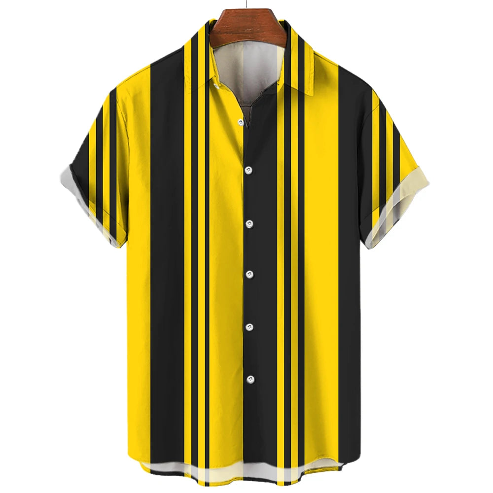 Camiseta listrada de manga curta com botão havaiano masculina, blusa xadrez, roupa de praia vermelha, camisa preta e branca, roupas masculinas, verão