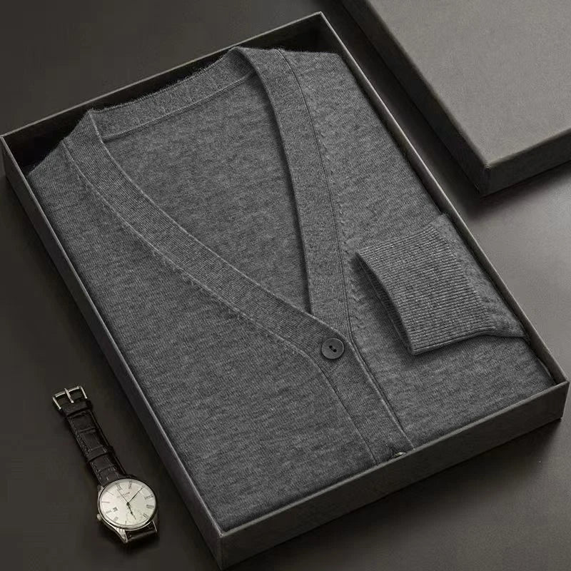 Cardigã Masculino Novo de Tricô com Gola V, Manga Longa, Abotoado, Cor Sólida, Leve, Grosso e Quente para Inverno