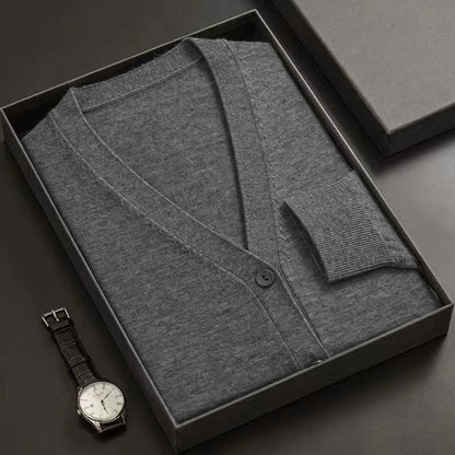 Cardigã Masculino Novo de Tricô com Gola V, Manga Longa, Abotoado, Cor Sólida, Leve, Grosso e Quente para Inverno