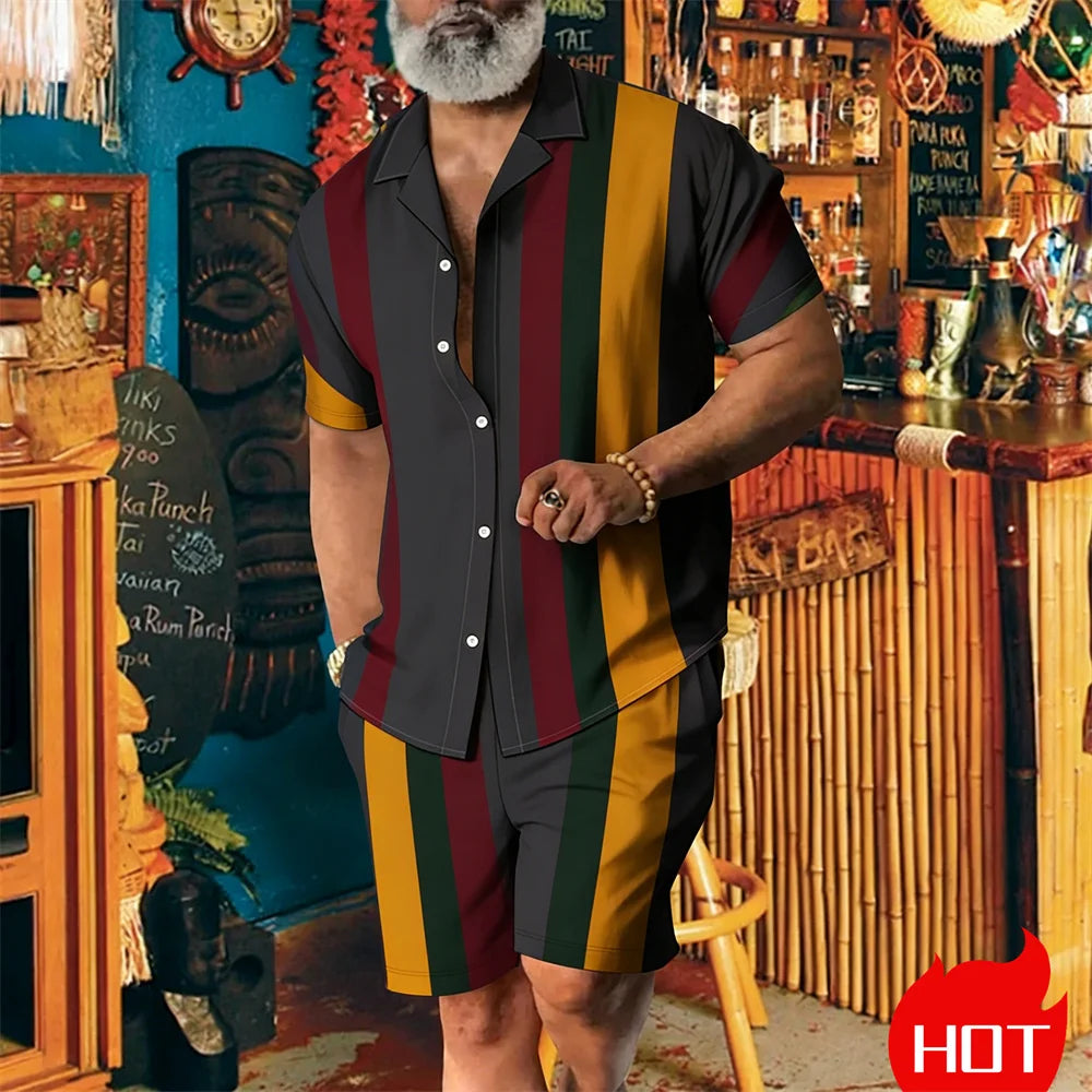 Conjunto masculino de verão com listras e padrão fashion, conjunto de duas peças, estilo casual havaiano, conjunto masculino de duas peças respirável.