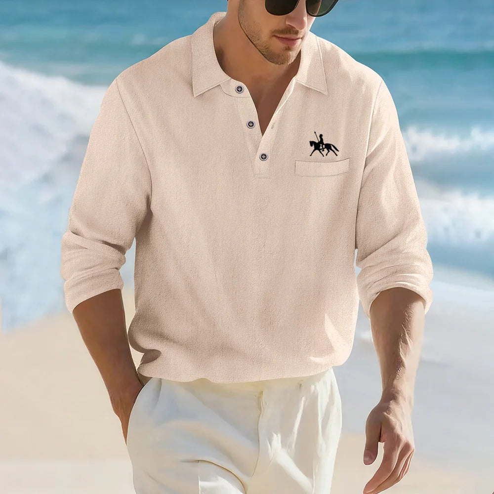 Camisa Masculina Casual de Linho e Algodão Leve com Lapela, Solta, Cor Sólida, Moda Primavera Outono, com Detalhe Decorativo na Gola
