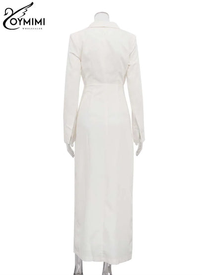 Vestido feminino elegante branco com lapela da Oymimi, manga comprida, abotoamento simples, modelagem reta e corte reto, perfeito para o outono.