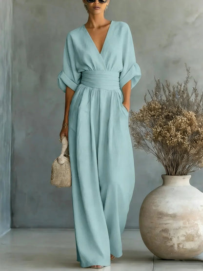 Sexy Deep V Neck Women's Jumpsuits Elegant High Waist Romper Casual Wide Leg Loose Pants Overalls Vacation Outfits MYQ-ZY7723