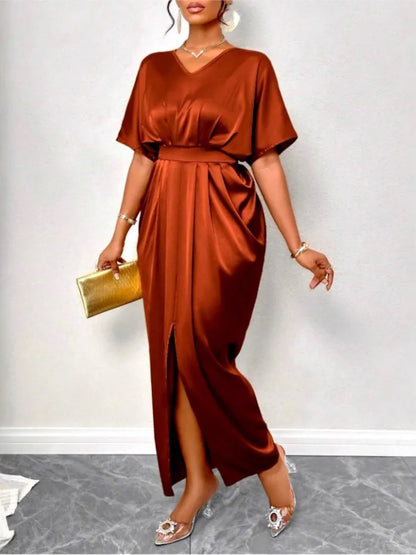 Vestido de verão feminino sólido cetim sexy vestido longo com decote em v manga curta vestido fino casual vestido de festa vestidos um passo vestido dividido