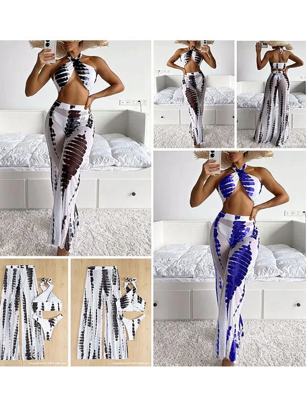Conjunto de Biquíni Sexy de Três Peças com Calças Longas Estampadas, Moda Fena, Roupa de Banho Casual para Surf com Bojo ...