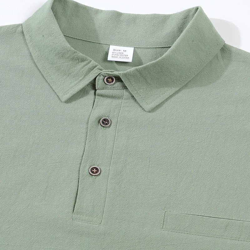 Camisa Masculina Casual de Linho e Algodão Leve com Lapela, Solta, Cor Sólida, Moda Primavera Outono, com Detalhe Decorativo na Gola
