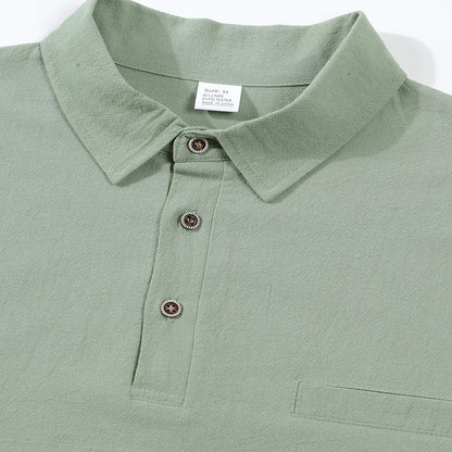 Camisa Masculina Casual de Linho e Algodão Leve com Lapela, Solta, Cor Sólida, Moda Primavera Outono, com Detalhe Decorativo na Gola