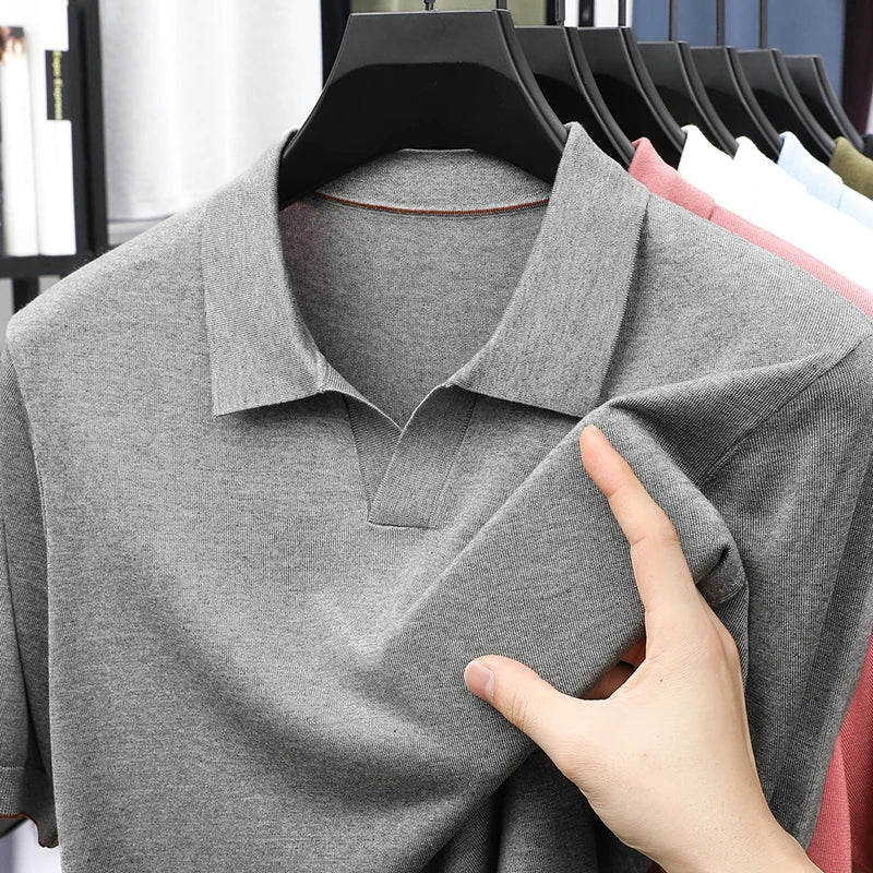 100% Lyocell malhas 2025 homens primavera verão na moda turn down collar malha camisetas manga curta respirável malha topos