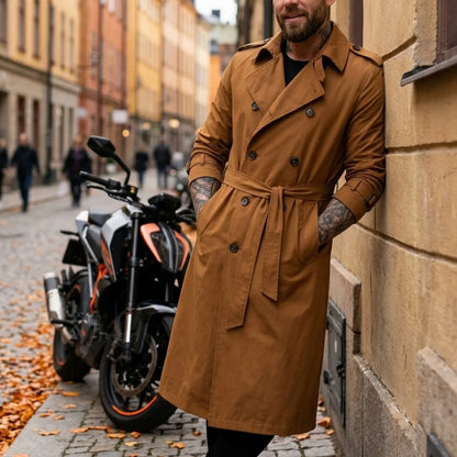 Casaco Masculino Fino de Outono, Estilo Trench Longo, com Cinto de Oferta, Extra Longo, Quebra-vento, Dragonas e Abotoamento Duplo, Vestuário Masculino Casual