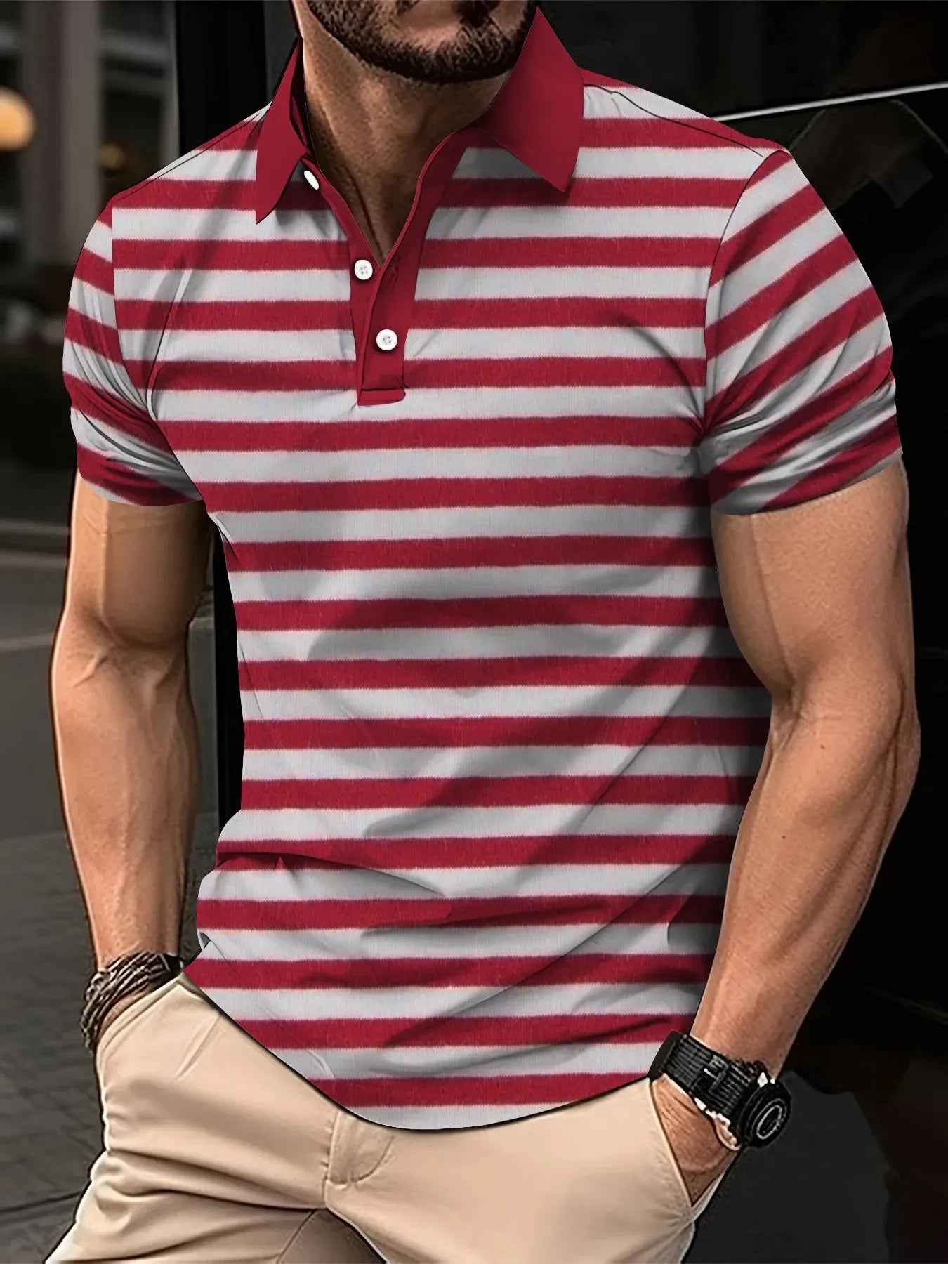2026 Summer Men's Polo Shirt with Stripes Print Breathable Lightweight Casual Fashionable Outdoor Men's Clothing