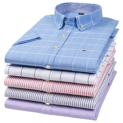 100% algodão puro oxford camisas masculinas manga curta xadrez macio regular ajuste formal vestido camisa blusa social roupas masculinas 6xl 7xl