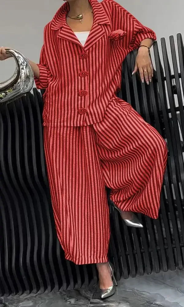2025 Spring Fall Women's 2 Piece Set Suit Office Lady Floral Striped Loose Blazer Casual Wide Leg Pants Suits For Women Clothing
