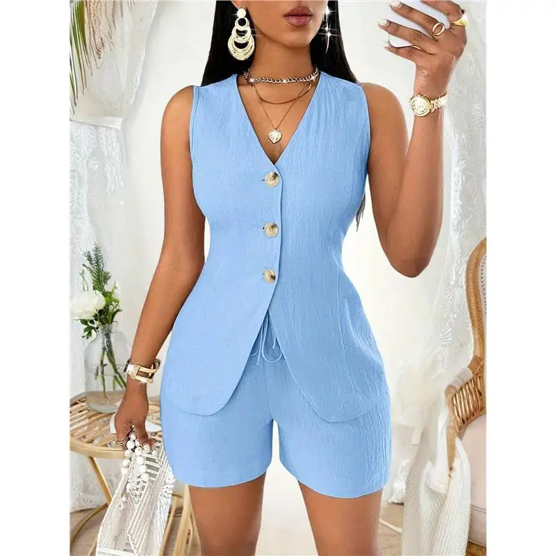 Conjunto Feminino Casual Spicy Girl 2026: Top Sem Mangas e Shorts com Cinto – Terno de Três Peças Moderno para Primavera, Verão e Outono