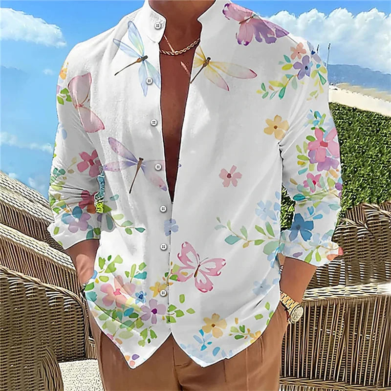 Camisa masculina de manga comprida Camisa impressa em 3D de alta qualidade, padrão floral, primavera e outono, tecido casual e elegante e confortável
