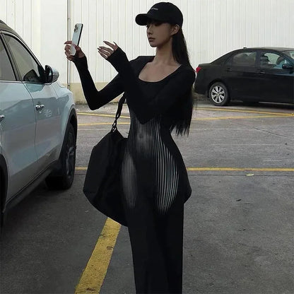 Vestido Feminino de Manga Longa com Gola Quadrada, Cintura Alta, Estampa Abstrata de Listras, Casual, Estilo Sereia