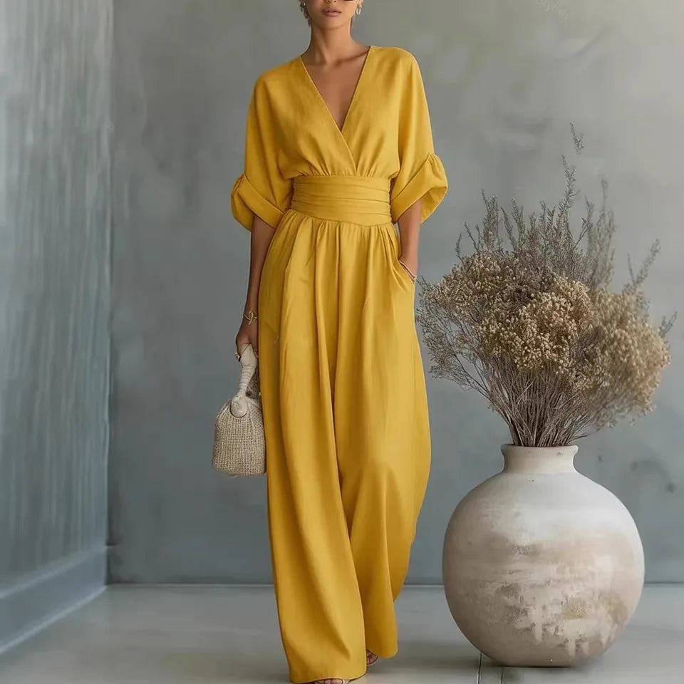 Waist V-neck Jumpsuit 2026 Spring And Summer New Style Fashionable And Elegant Women's Solid Color Mid-sleeve Wide-leg Jumpsuit