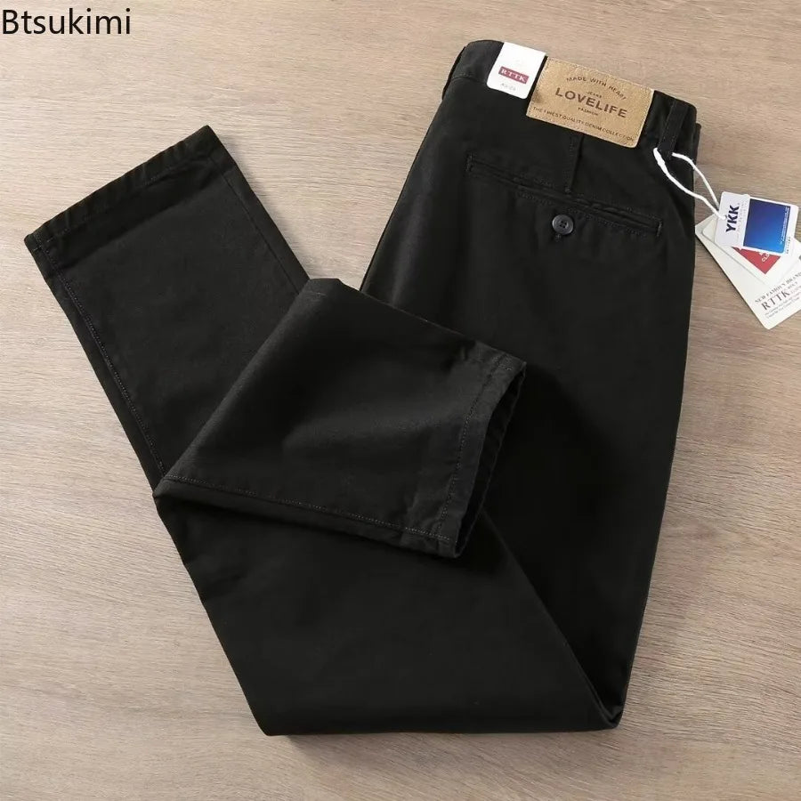 Novo 2026men primavera e outono retro conforto calças retas calças lavadas macacão 100% algodão moda solta calças casuais masculino