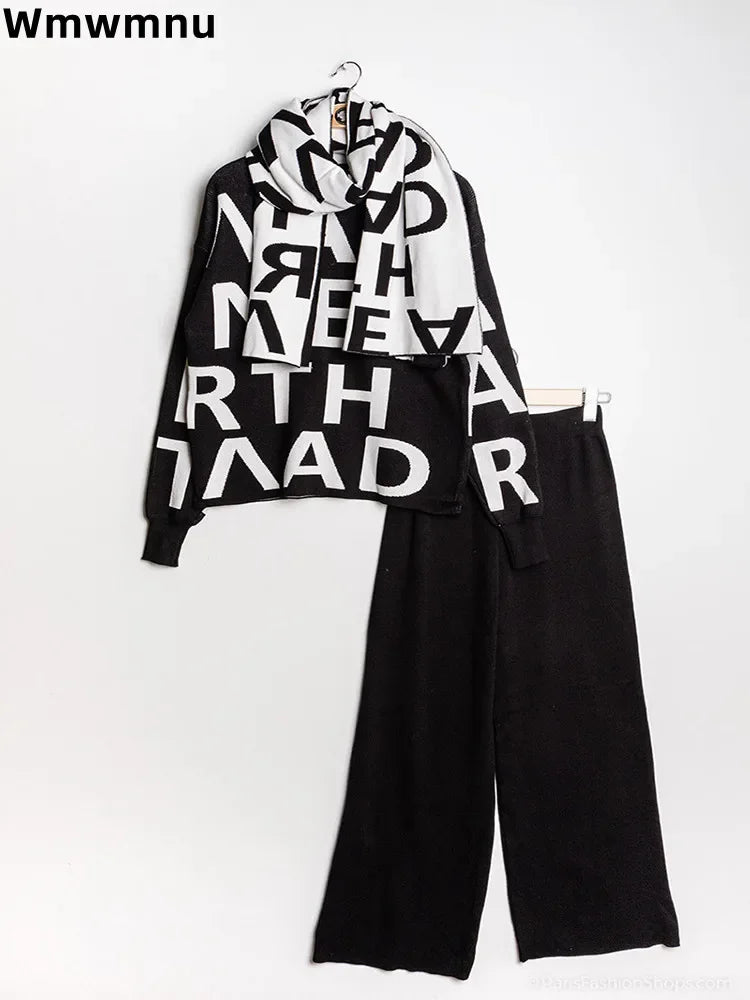 Casual malha outono inverno feminino 2 peça conjunto tornozelo comprimento calças de perna larga terno coreia carta impressão camisola topos cachecol conjunto