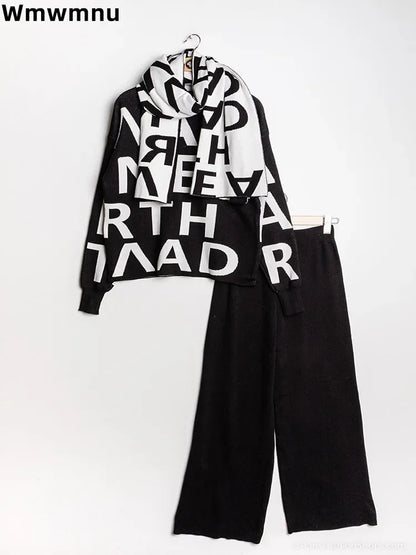 Casual malha outono inverno feminino 2 peça conjunto tornozelo comprimento calças de perna larga terno coreia carta impressão camisola topos cachecol conjunto