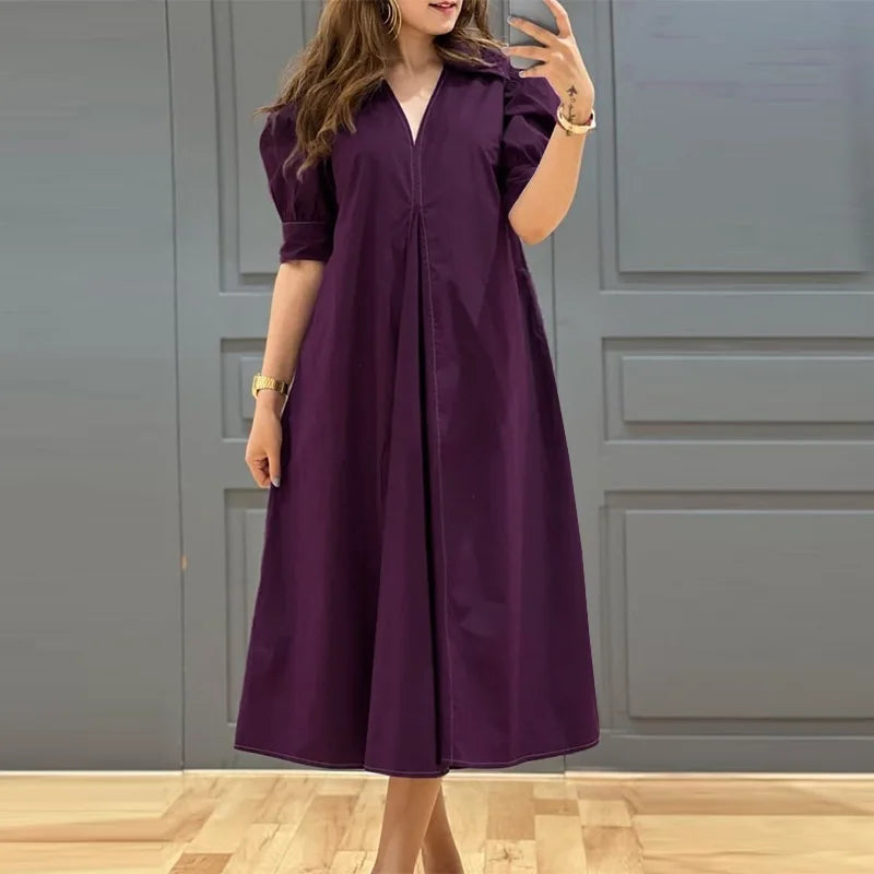 ZANZEA-Vestido plissado com decote em v feminino, monocromático, Puff manga curta, vestido Midi, solto, grandes dimensões, street fashion, verão, elegante, 2024