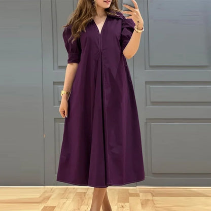 ZANZEA-Vestido plissado com decote em v feminino, monocromático, Puff manga curta, vestido Midi, solto, grandes dimensões, street fashion, verão, elegante, 2024