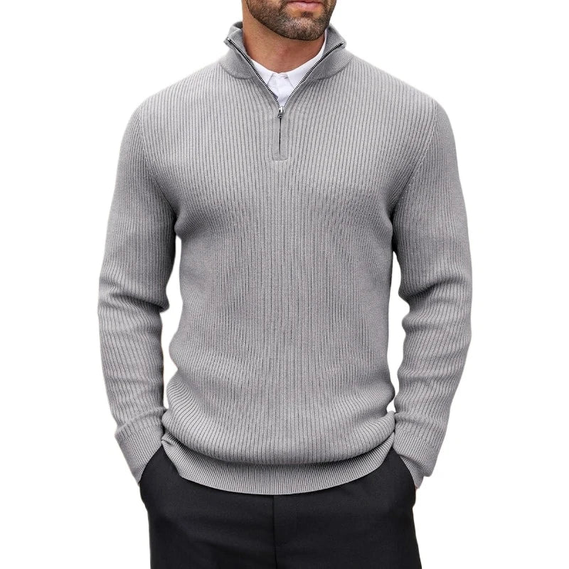 Suéter masculino com zíper quarto, gola simulada, casual, malha canelada, pulôver, outono, leve, polo, inverno, quente, roupa externa