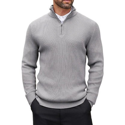 Suéter masculino com zíper quarto, gola simulada, casual, malha canelada, pulôver, outono, leve, polo, inverno, quente, roupa externa