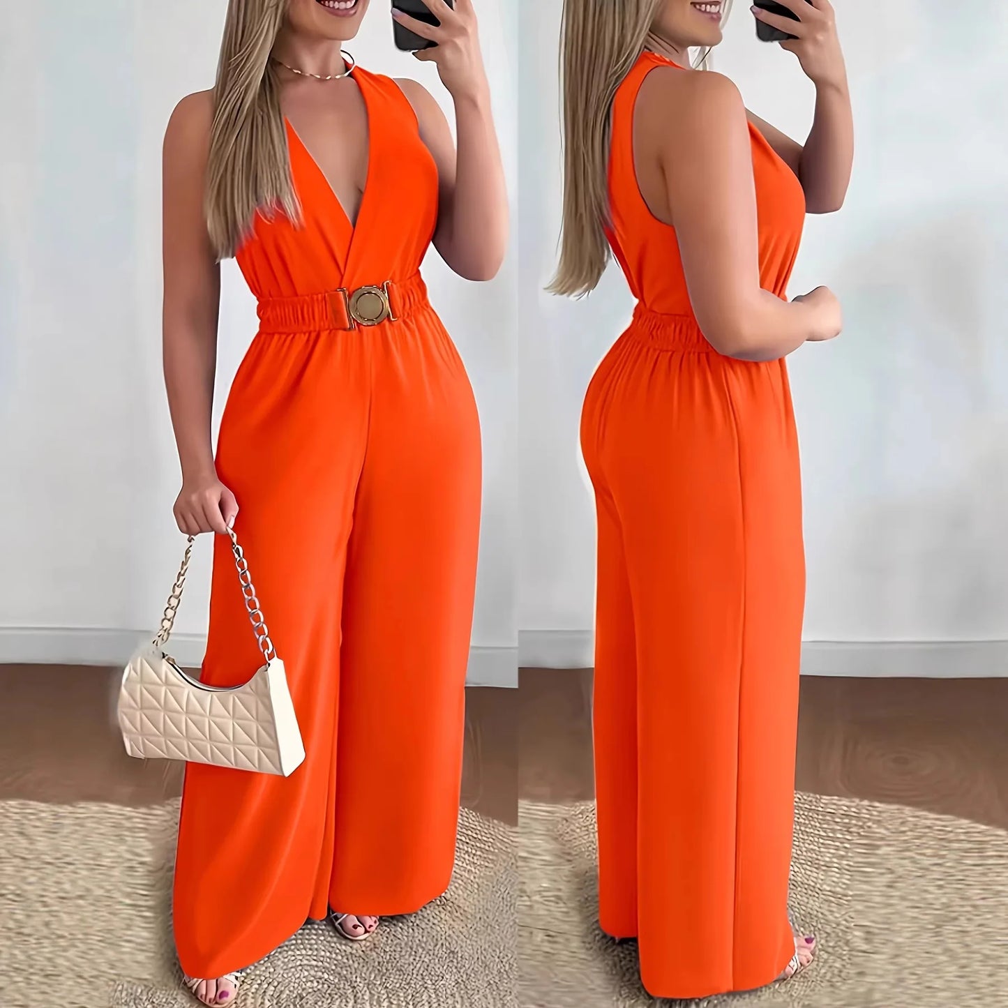 Macacões Femininos 2026: Macacão Sexy Sem Mangas com Decote V Profundo e Perna Larga, Moda Primavera/Verão - Roupa Feminina