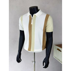 Camisas Polo Tricotadas Listradas Coreanas para Homens, T-shirt Casual com Zíper Lateral, Manga Curta, Estilo Empresarial e Social