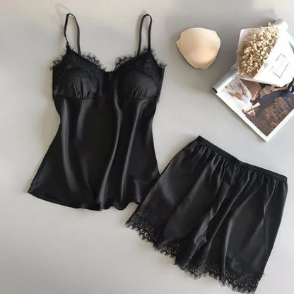 Mulheres pijama terno moda com decote em v estiramento cetim babydoll renda lingerie sexy bowknot pijamas sono shorts conjunto pijamas novo