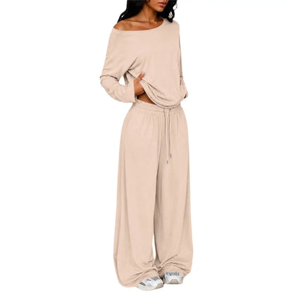 Conjunto Feminino de 2 Peças: Blusa Ombro a Ombro de Manga Longa Solta e Calça Pantalona com Cordão e Bolsos – Macio e Casual