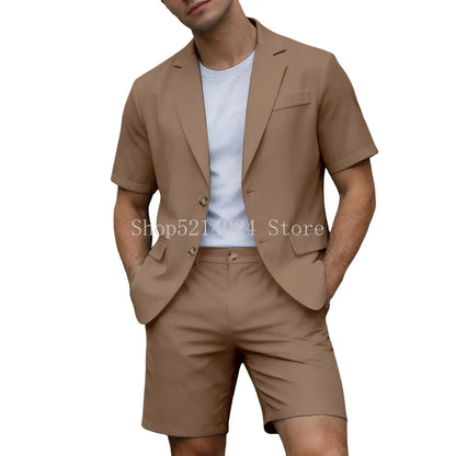 Conjuntos para Homens Blazer de Manga Curta e Calças Curtas Leves para Casamento, Festa, Negócios e Trajes Formais