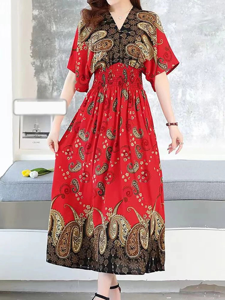 Flor colorida com decote em v elástico jovem boêmio doce midi vestido mulher roupas chique moda vestidos de verão 2025 grande balanço esqui